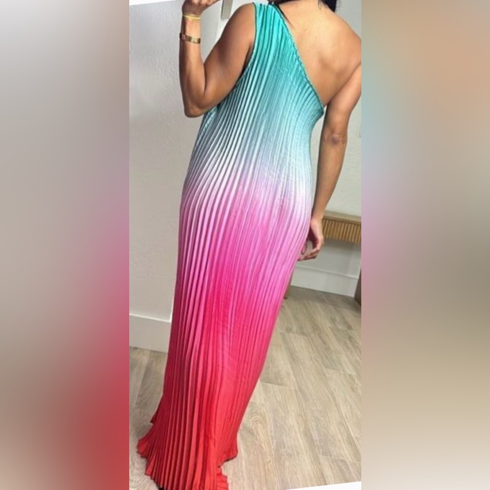 Nicole Miller Sleeveless One Shoulder Summer Sunset Ombré Satin Plissé Gown - Picture 11 of 11